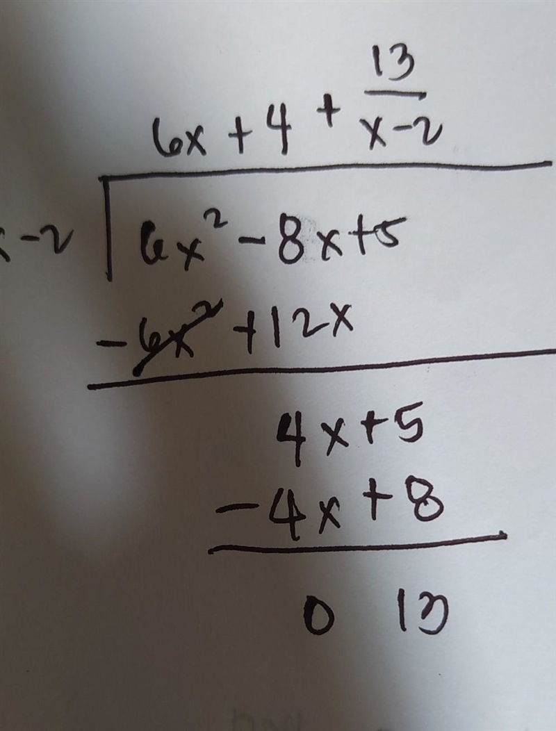 Find the quotient using long division 6x2 - 8x + 5/ X-2-example-1