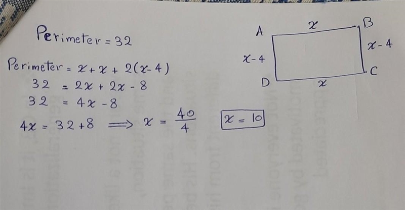 The perimeter of a rectangle is 32. The width is four less than the length. Find the-example-1