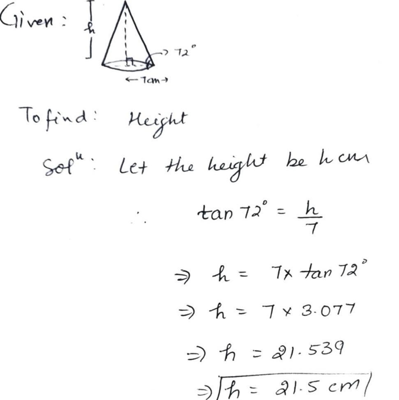 What is the perpendicular height of a cone that has a base with a diameter of 14 cm-example-1