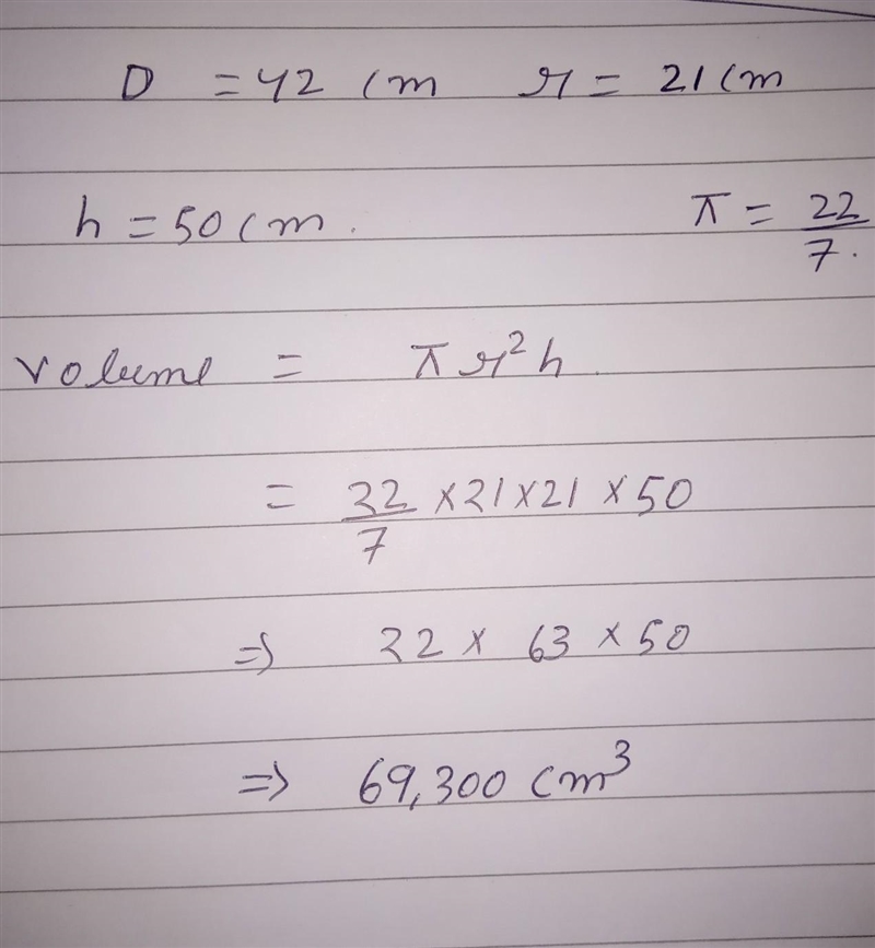 The diameter of a cylindrical vessel is 42 cm and its height is 50 cm. Find the volume-example-1