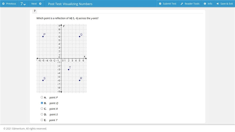 Which point is a reflection of M(-5, -6) across the y-axis? A point P B. point Q C-example-1