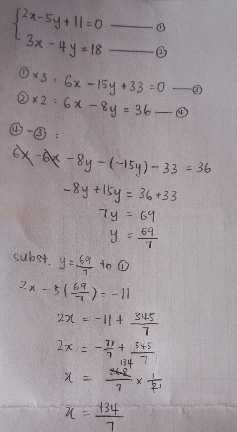 2x-5y + 11=0 3x-4y=18​-example-1