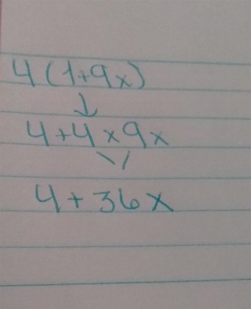 Simplify each expression 4(1 + 9x) Steps included-example-1