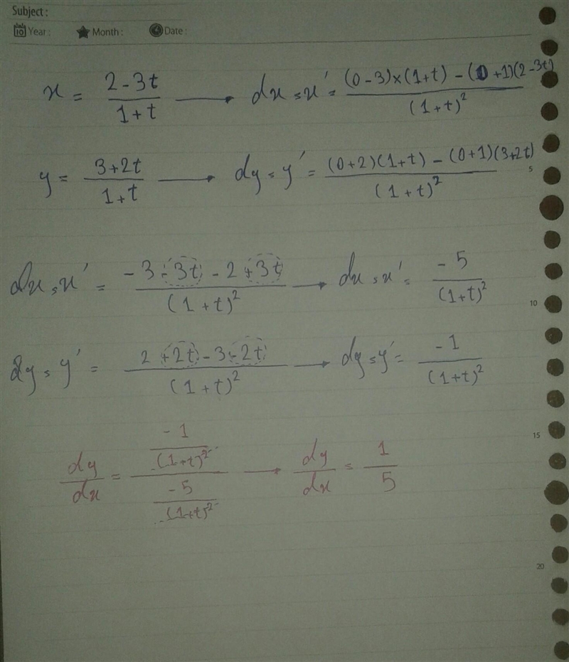 Find dy/dx if x =2-3t/1+t y= 3+2t/1+t​-example-1