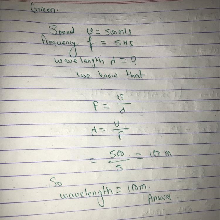 The wave speed is 500 m/s and the frequency is 5 Hz. What is the wavelength?-example-1