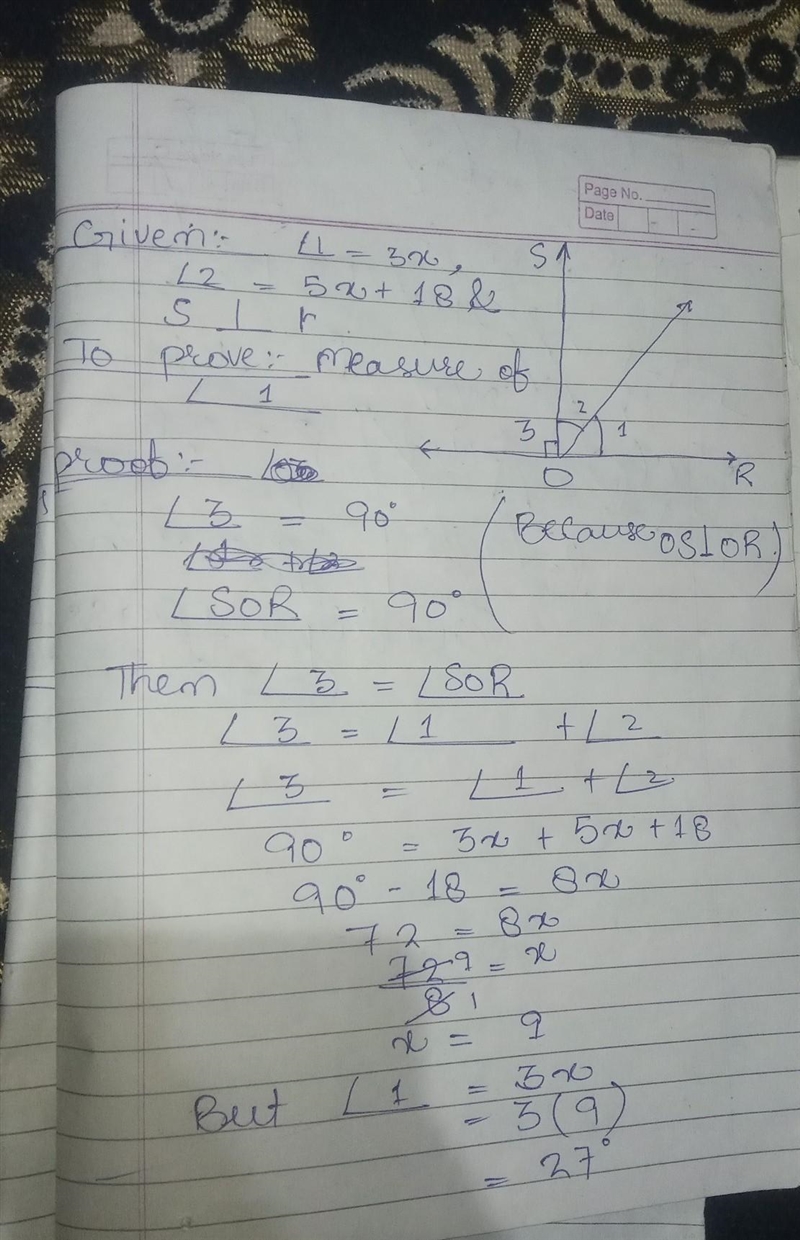 If ∠1 = 3x, ∠2 = 5x + 18, and s ⊥ r, find m∠1.-example-1