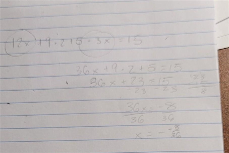 Solve the equation: 12x + 9 * 2 + 5 * 3x = 15-example-1