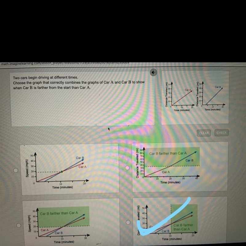 Two cars begin driving at different times. Choose the graph that correctly combines-example-1