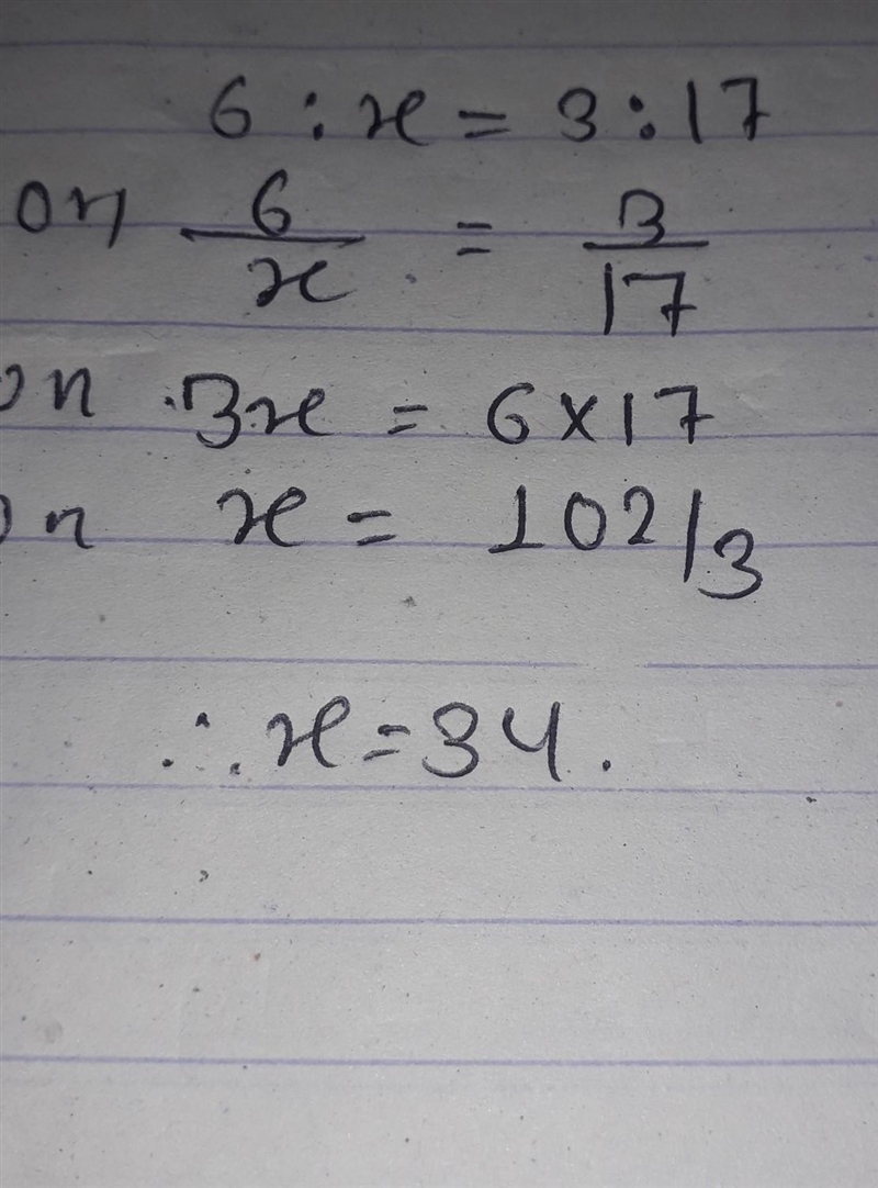 Q 16 Two numbers are in the ratio 3 : 17. If the first is 6, what is the other? Ops-example-1