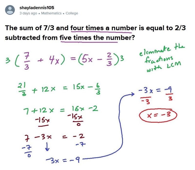 The sum of 7/3 and four times a number is equal to 2/3 subtracted from five times-example-1