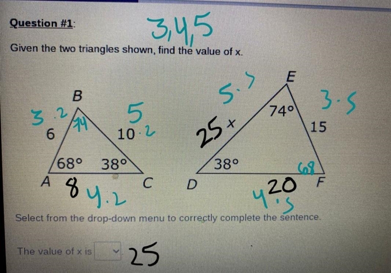 Given the two triangles shown, find the value of x.-example-1