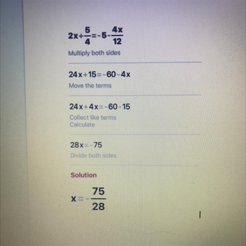 2x + 5/4 = -5 -4x/12 Solve for x to make the proportion true.-example-1