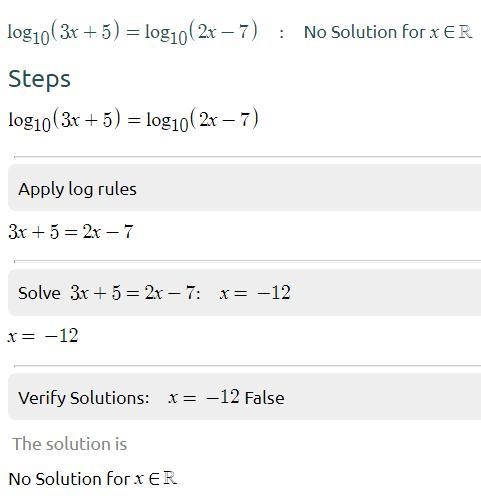 Log (3x+5)=log (2x-7)-example-1