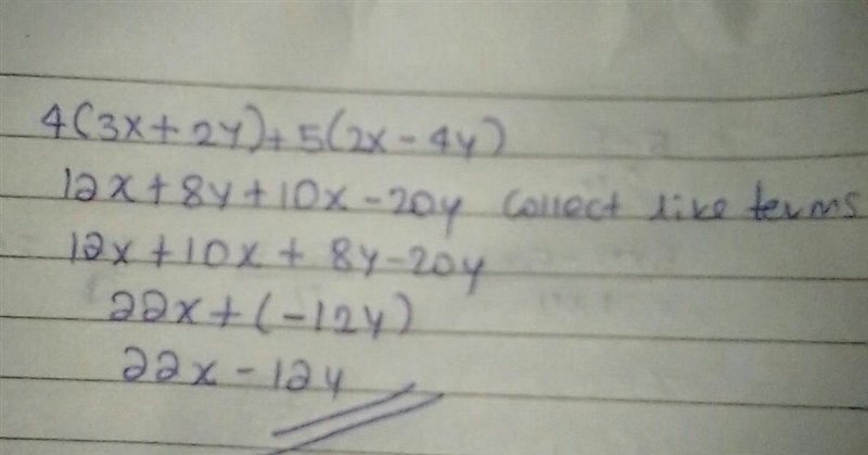 Which expression is equivalent to 4(3x + 2y) + 5(2x – 4y)? A 222 - 12y B 14.2 - 9y-example-1