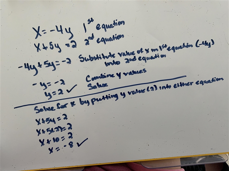 Solve the system of equations by substitution X=-4y X+5y=2​-example-1