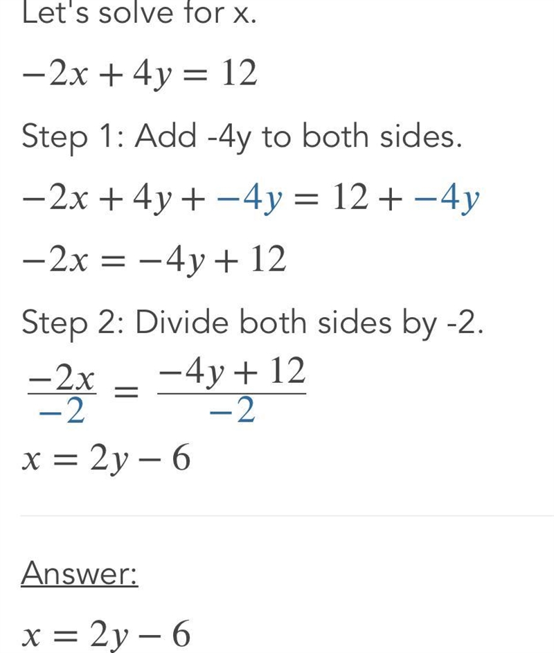 Find the x and y intercepts of the equation. 10) -2x + 4y = 12-example-2