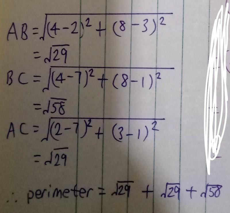 Given △ABC with vertices A(2, 3), B(4, 8), and C(7, 1). Find the perimeter of △ABC-example-1