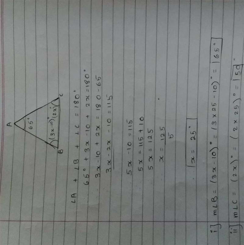 The measure of the angles in a triangle ABC are given by the expression in the table-example-1