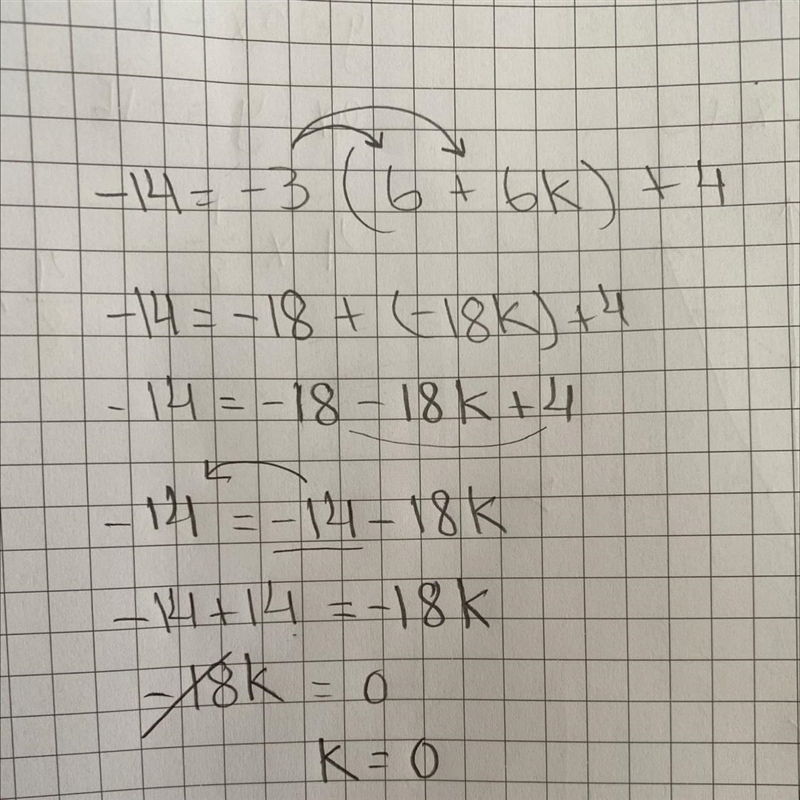 Solve the equation. Show the steps of the solution process. Solve: -14 = -3(6 + 6k-example-1