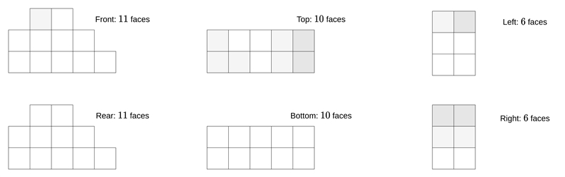 Sam glued 21 identical cubes together to form the solid shown below. He painted the-example-1