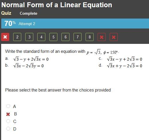 Write the standard form of an equation with p= sqrt 3, phi= 150 degrees. Please explain-example-1