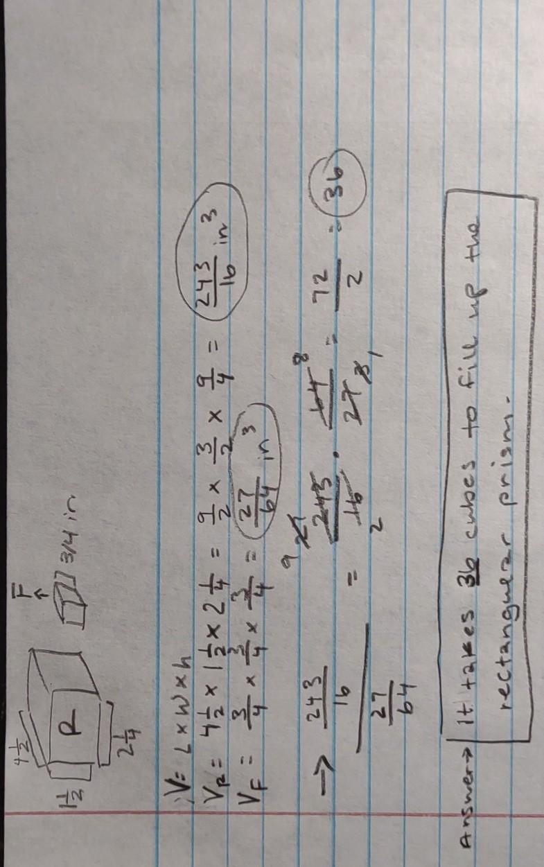 Cubes having side lengths of 3/4in. are used to fill the right rectangular prism shown-example-1