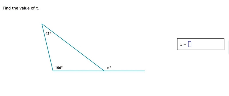 Find the value of x in the triangle shown below x 42 106-example-1