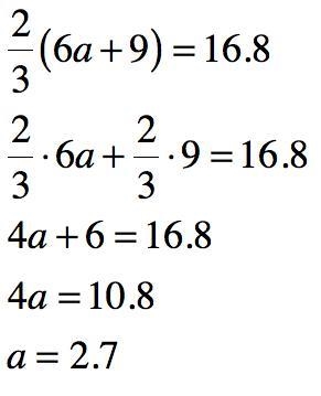 Use the Distributive Property to solve the equation. 2 (6a + 9) = 16.8 3 2 6a + 2 .9 3 16.8 3 a-example-1