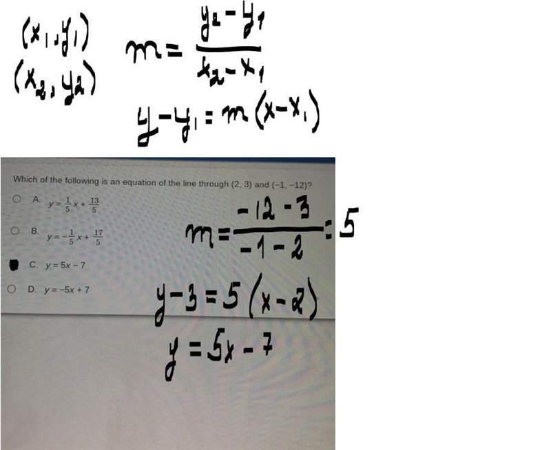 Which of the following is an equation of the line through (2, 3) and (-1, -12)? Ο Α. y-example-1