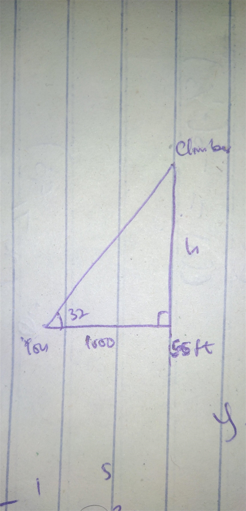 you sight a rock climber on a cliff at a 32° angle of elevation. your eye level is-example-1