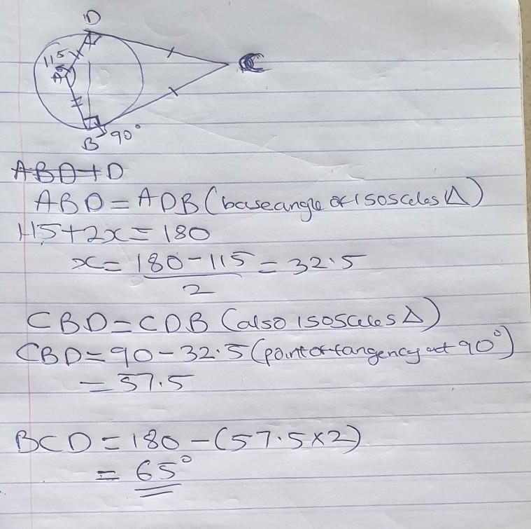 Given that BC is a tangent to the circle at B and CD is a tangent to the circle at-example-1