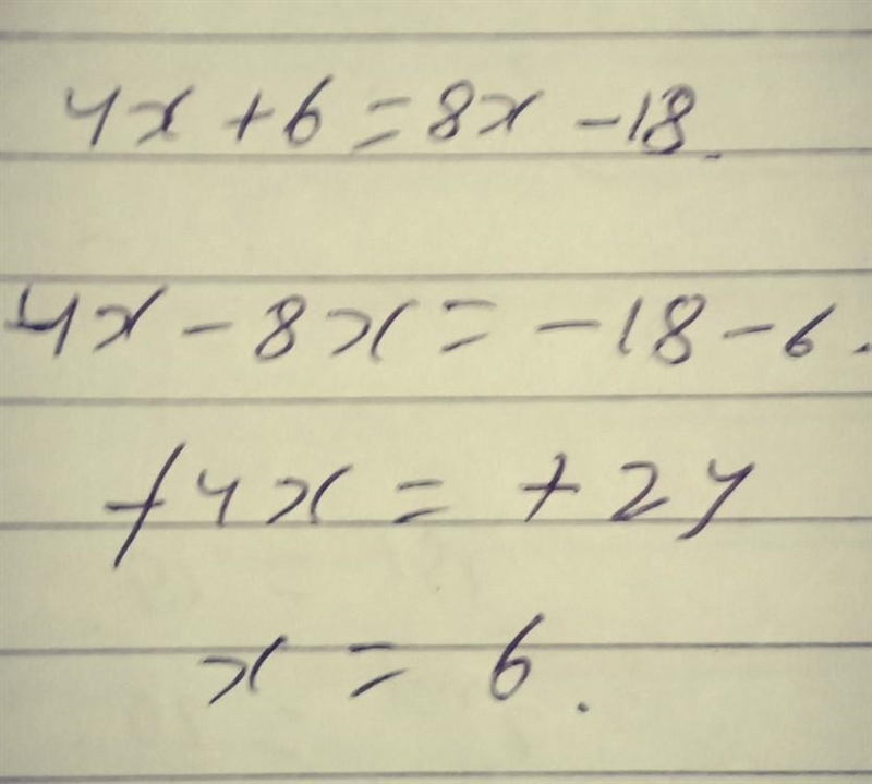 Solve: 4x + 6 = 8x - 18-example-1