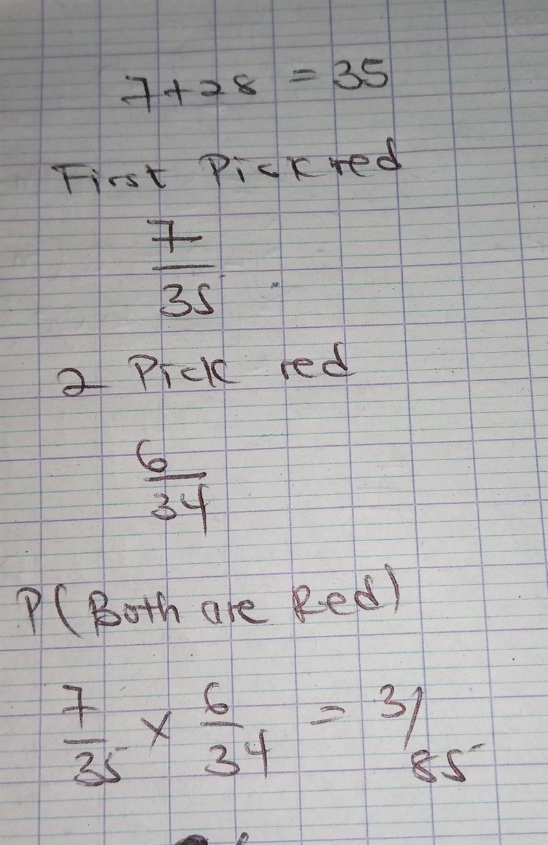 Suppose a jar contains 7 red marbles and 28 blue marbles. If you reach in the jar-example-1