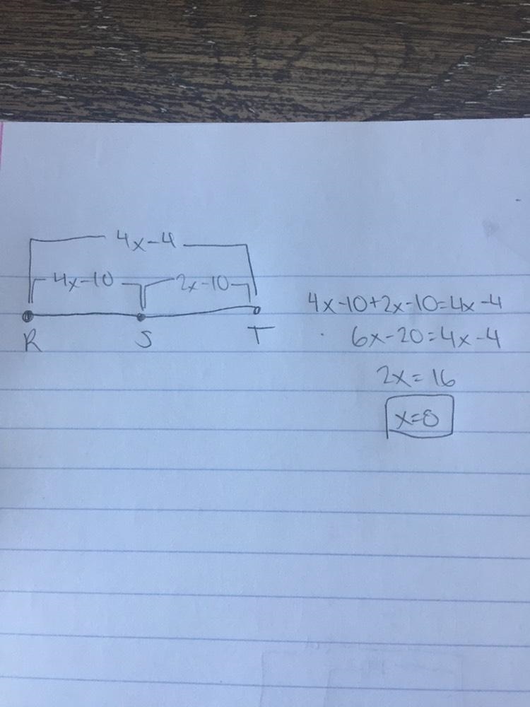 Point S is on line segment RT . Given RS = 4x − 10, ST=2x−10, and RT=4x−4, determine-example-1