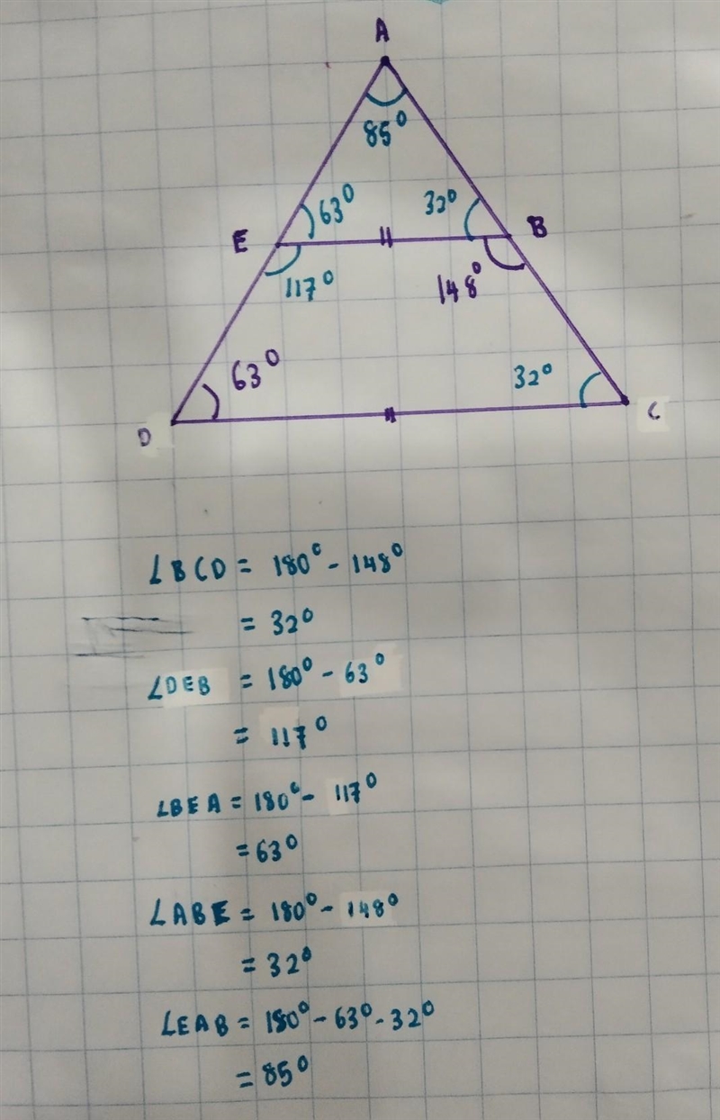 ADC is a triangle AED and ABC are straight lines EB is parallel to DC Angle EBC = 148 Angle-example-1