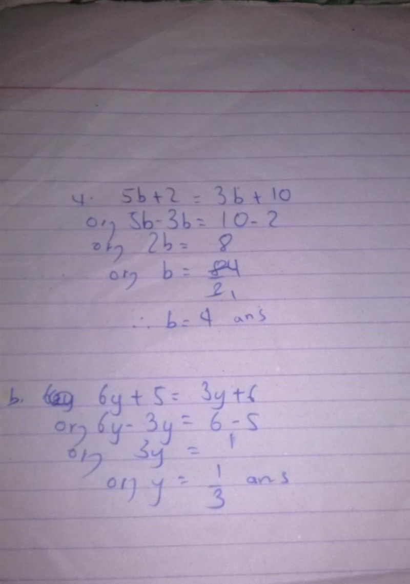 Equation on 1) -6 = 9 2) 7a - 4 = = 3a + 4 3) 6y + 5 = 3y + 6 4) 5b + 2 = 3b + 10 please-example-1