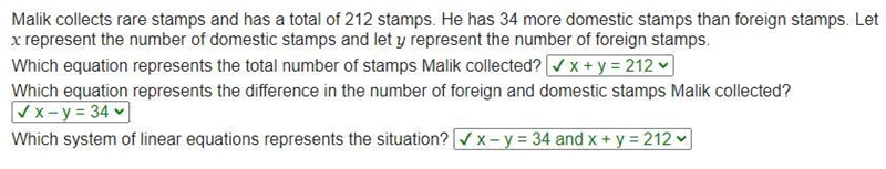 Malik collects rare stamps and has a total of 212 stamps. He has 34 more domestic-example-1