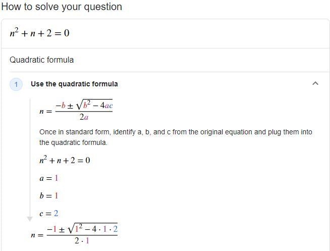 What is n in the equstion? n^2+n+2=0-example-1