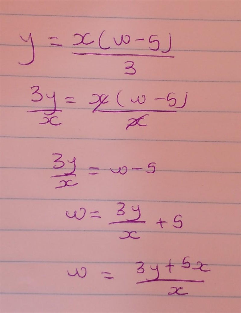 Y=x (w-5)/3 Make w the subject of the formula-example-1