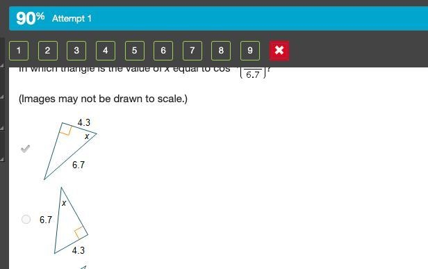 TIME REMAINING 50:38 In which triangle is the value of x equal to cos−1(StartFraction-example-1