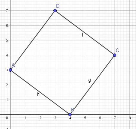 Three of the vertices of square ABCD are located at A(0,3), B(4,0), and C(7,4). Determine-example-1