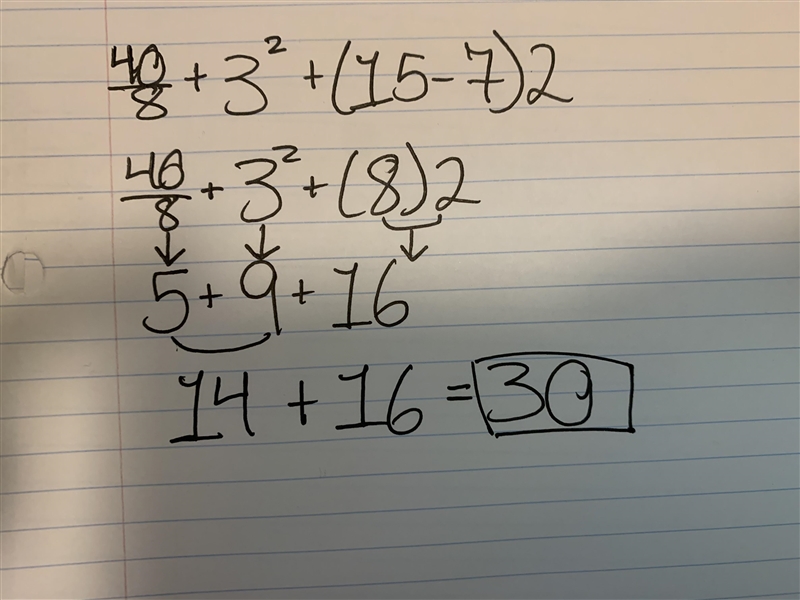 Using the order of operations, what are the steps for solving this expression? 40/8+3^2+(15-7)*2 Arrange-example-1