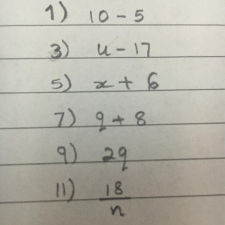 Write each as an algebraic expression 1) the difference of 10 and 5 3) u decreased-example-1