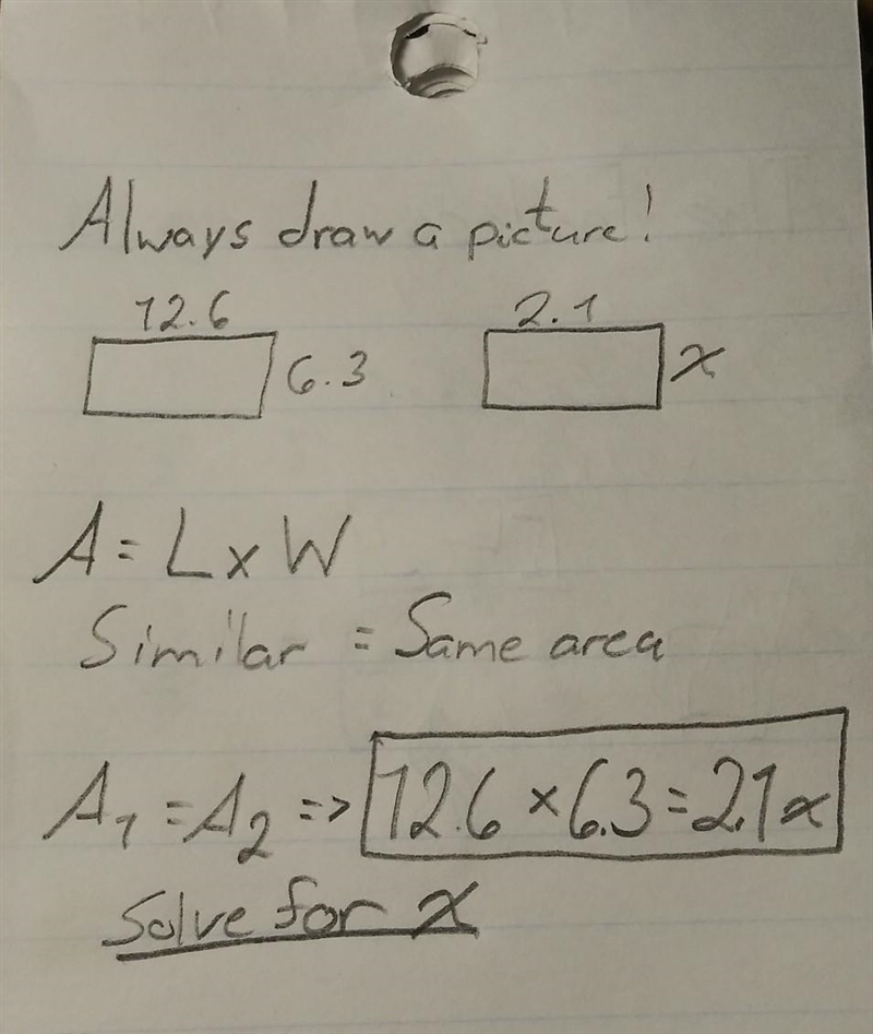 A rectangle has a length of 12.6 m and a width of 6.3 m. A similar rectangle has a-example-1