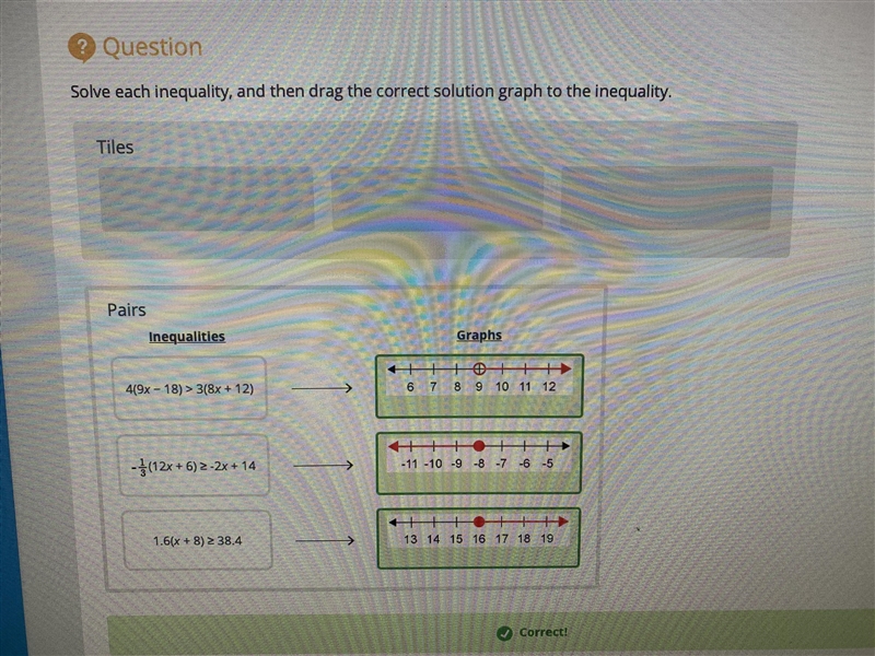 Solve each inequality, and then drag the correct solution graph to the inequality-example-1