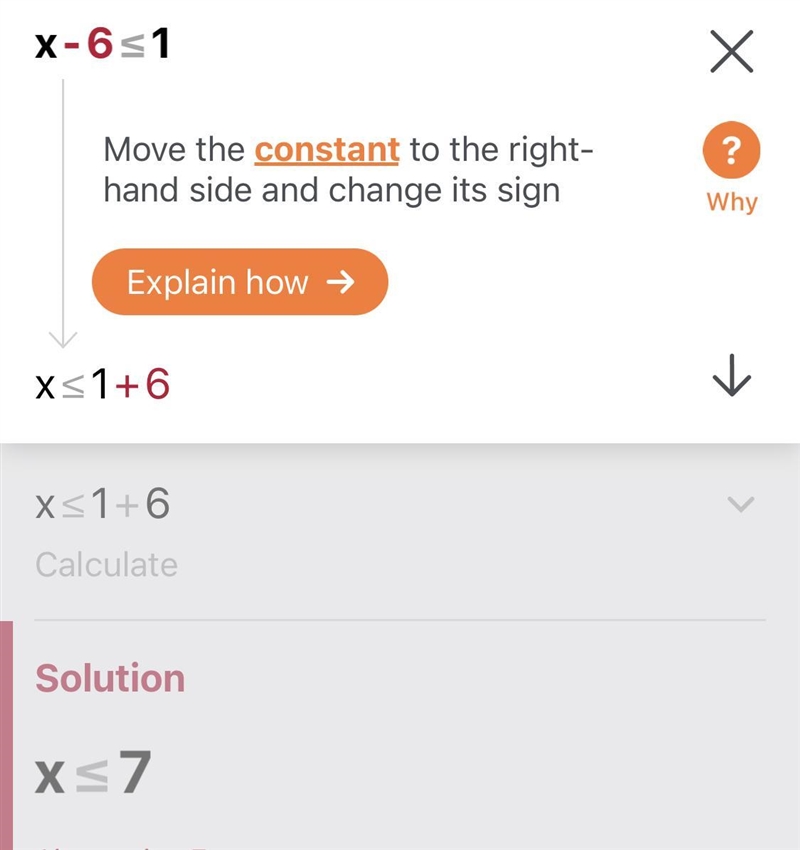 Given: x - 6 ≤ 1. Choose the solution set.-example-1