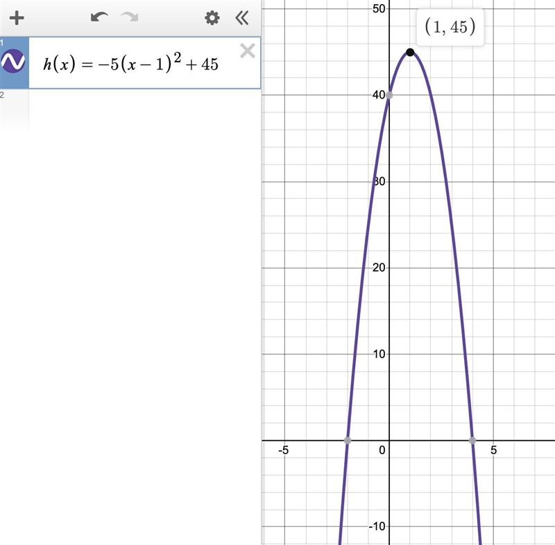 H(x)=-5(x-1)^2+45 what is the maximum height-example-1