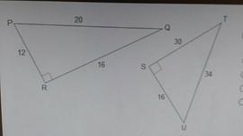 Triangles P Q R and S T U are shown. Angles P R Q and T S U are right angles. The-example-1