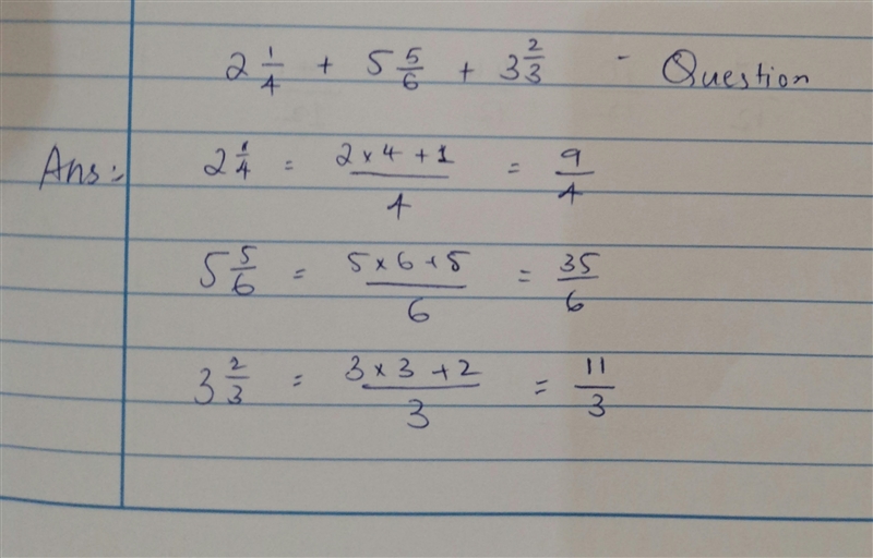 Add the fractions and simplify the 2 1/4 + 5 5/6 + 3 2/3-example-1