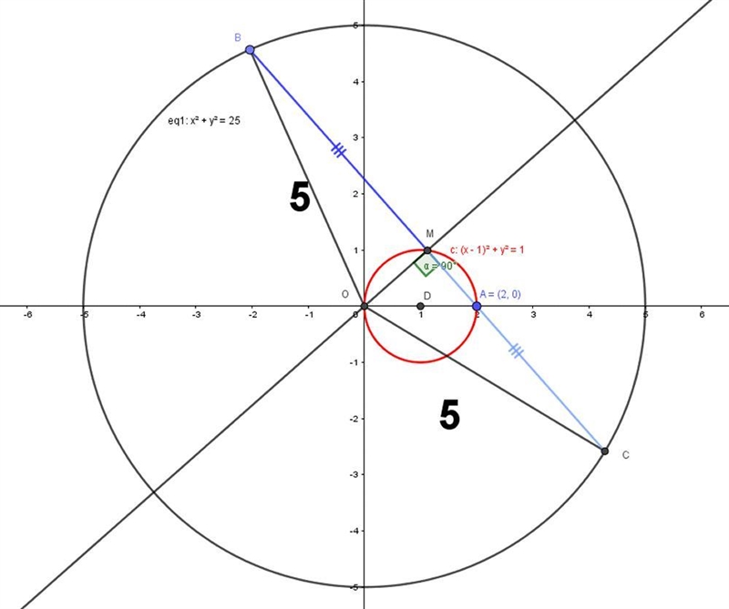 Problem E2 Moving points B and C are on circle x² + y2 = 25. Let A be (2,0) and M-example-1